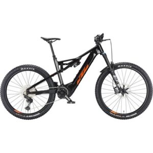 Schwarzes Mountainbike mit Elektromotor, großem Rahmen und grobstolligen Reifen.