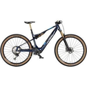 Blaues Mountainbike mit Vollfederung und braunen Reifen vor weißem Hintergrund.