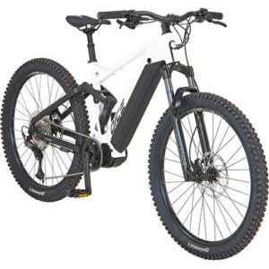 Weißes E-Bike mit dicken Reifen und robustem Rahmen.