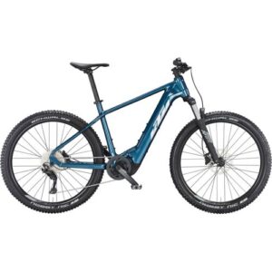 Blaues E-Mountainbike mit robustem Rahmen und großen Offroad-Reifen.