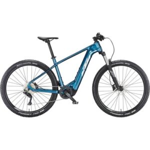 Blaues Elektromountainbike mit robustem Rahmen und geländegängigen Reifen.
