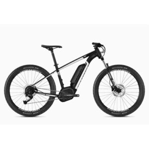 Schwarzes und weißes E-Mountainbike mit robustem Rahmen und Elektroantrieb.