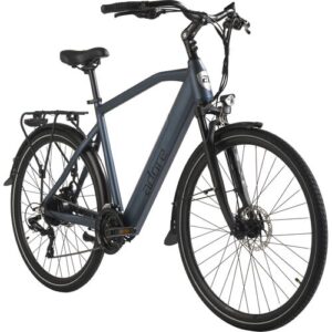 Blaues Elektrofahrrad mit Diamantrahmen und Gepäckträger.