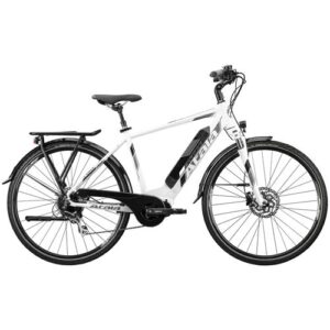 Weißes E-Bike mit schwarzem Sattel und Gepäckträger auf weißem Hintergrund.