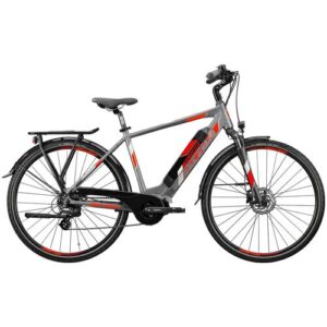 Graues Elektrofahrrad mit roter Verzierung und Gepäckträger auf weißem Hintergrund.