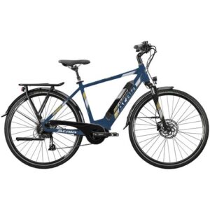 Blaues E-Bike mit Gepäckträger und Scheibenbremsen, seitlich fotografiert.