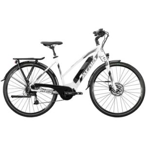 Weißes E-Bike mit Gepäckträger und dunklen Reifen.
