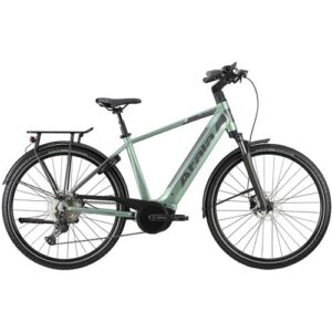Grünes E-Bike mit Rahmen, Gepäckträger und großen Reifen.