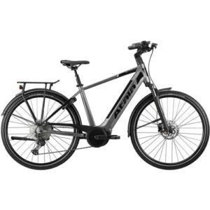 Graues E-Bike mit Elektromotor und Trekkingausstattung, Seitenansicht.