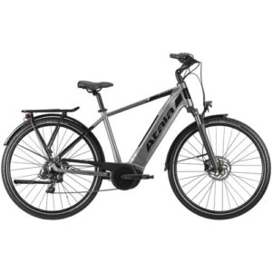 Graues E-Bike mit Gepäckträger und Scheibenbremsen, seitliche Ansicht.