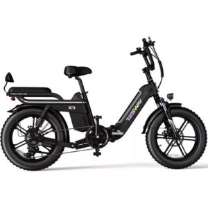 Schwarzes Elektrofahrrad X5 mit dicken Reifen und Gepäckträger, Seitenansicht.