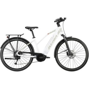 Weißes E-Bike mit schwarzen Reifen und einem Elektromotor.