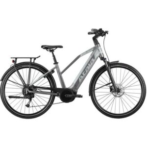 Silbernes E-Bike mit stabilem Rahmen und schwarzem Gepäckträger.