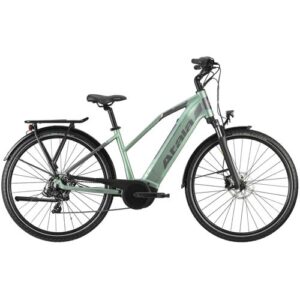 Grünes E-Bike mit Gepäckträger, dicke Reifen und Elektroantrieb.