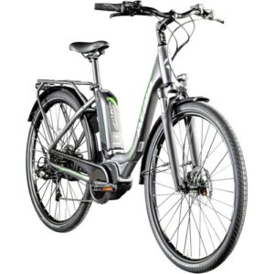 Modernes E-Bike mit schwarzem Rahmen und eingebautem Elektromotor.