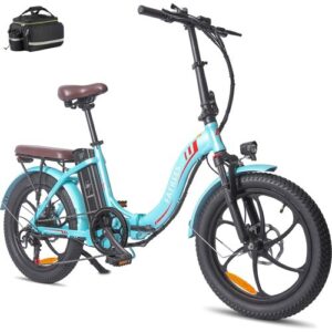 Blaues E-Bike mit dicken Reifen und Frontlicht, zusammenklappbar.