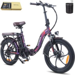 Klappbares Elektrofahrrad in Lila mit Zubehör und Geschenkbox.