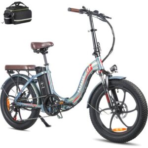 Faltbares E-Bike mit groben Reifen und beigefügter schwarzer Fahrradtasche.