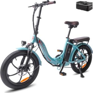Blaues E-Bike mit dicken Reifen und abnehmbarem Batteriefach.