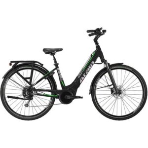 Schwarzes E-Bike mit grünem Akzent auf weißem Hintergrund.