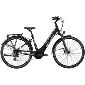 Schwarzes E-Bike mit grünem Akzent auf weißem Hintergrund.