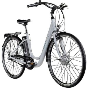 Graues E-Bike mit tiefem Einstieg und Gepäckträger.