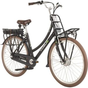 Schwarzes Elektrofahrrad mit Gepäckträger und braunem Sattel