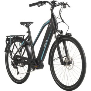 Schwarzes Elektrofahrrad mit blauem Streifen und Gepäckträger seitlich abgebildet.