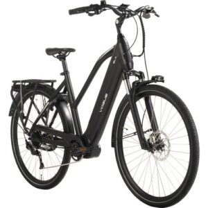 Schwarzes E-Bike mit Gepäckträger und Scheibenbremsen.