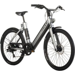 Silbernes E-Bike mit tiefem Einstieg auf weißem Hintergrund abgebildet.