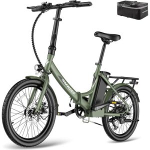 Grünes faltbares E-Bike mit Akku und Gepäckträger, seitliche Ansicht.