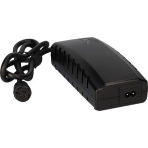 Schwarzes E-Bike-Ladegerät mit Kabel und Stecker.