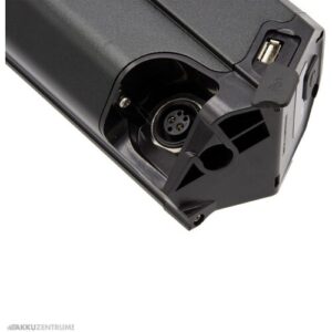 Schwarze Batterie mit Ladeanschluss und USB-Port in einem Kunststoffgehäuse.