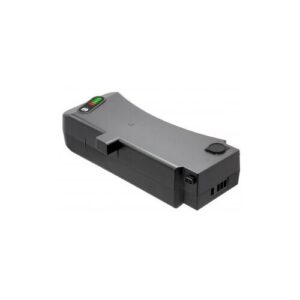 Grauer rechteckiger Akku mit LED-Anzeige und Anschlüssen.