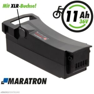 Schwarzer E-Bike-Akku 11Ah mit XLR-Buchse und Maratron-Logo auf weißem Hintergrund.