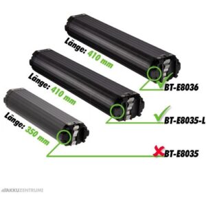 Vergleich von drei E-Bike-Akkus mit verschiedenen Längen und Modellnummern.