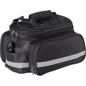 Schwarze Tasche mit Reißverschlüssen, Seitentaschen und reflektierendem Streifen.
