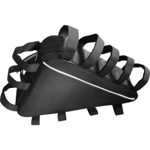 Schwarze dreieckige Fahrradtasche mit mehreren Befestigungsriemen und reflektierendem Streifen.