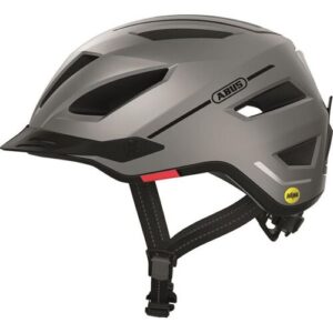Grauer Fahrradhelm mit schwarzen Belüftungsöffnungen und MIPS-Technologie.