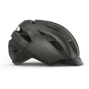 Dunkelgrüner Fahrradhelm mit aerodynamischem Design und Belüftungsschlitzen seitlich.