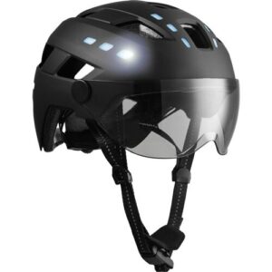Schwarzer Fahrradhelm mit Visier und integrierter Beleuchtung.