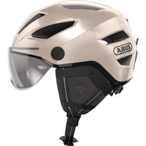 Beiger Fahrradhelm mit integriertem Visier und schwarzer Polsterung.