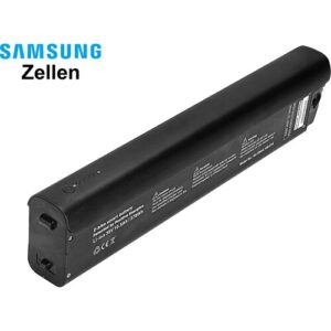 Schwarze E-Bike-Batterie mit Samsung-Zellen und technischen Spezifikationen aufgedruckt.