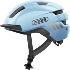 Blauer Fahrradhelm der Marke Abus mit Lüftungsschlitzen und verstellbarem Kinnriemen.