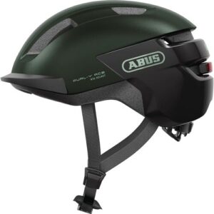 Der dunkelgrüne Fahrradhelm von Abus mit grauen Details und Kinnriemen.