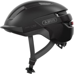 Schwarzer Fahrradhelm mit modernem Design und Belüftungsöffnungen.
