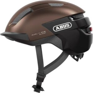 Brauner Abus Fahrradhelm mit mattem Finish und schwarzem Kinnriemen.