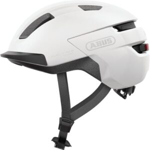 Weißer Fahrradhelm mit grauen und schwarzen Details seitlich gezeigt.