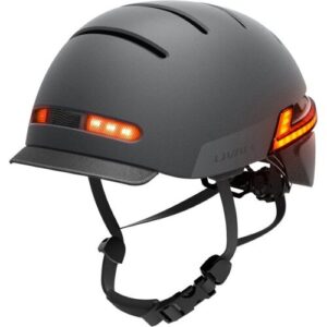 Dunkelgrauer Fahrradhelm mit integriertem LED-Licht und Visier.