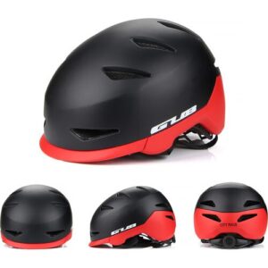 Schwarzer und roter Fahrradhelm mit Belüftungsschlitzen in verschiedenen Ansichten.
